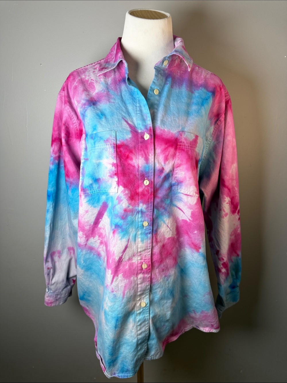 Tie-Dye Button-Up Shirt in Pink & Blue